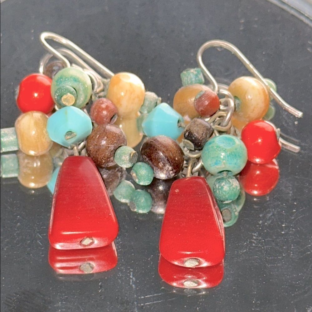 Multi colored (Turquoise, Tan, Green & Red) Stone & Wooden Beaded Drop Earrings
